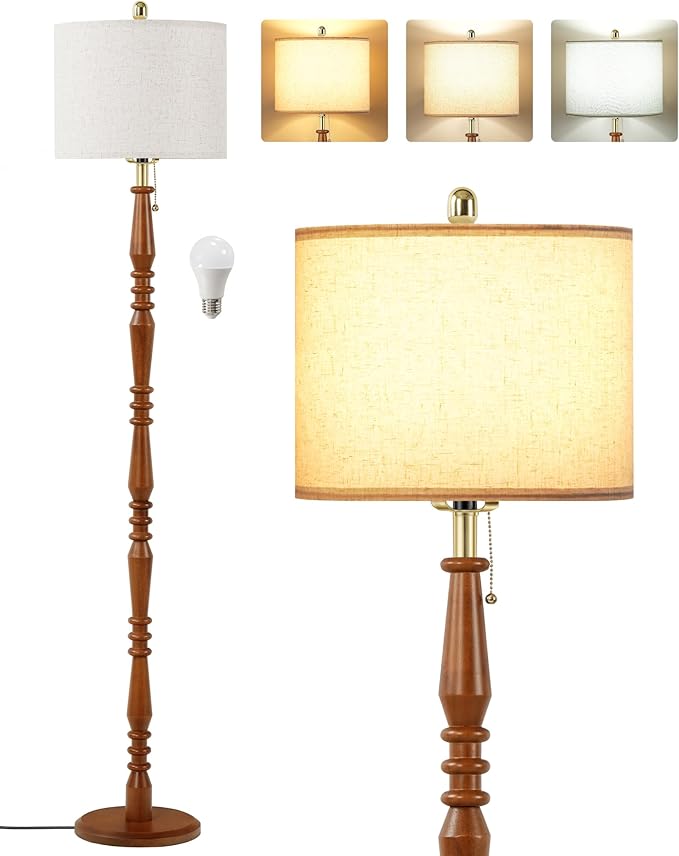 65" Oak Wood Floor Lamps for Living Room with Adjustable Color Temperatures, Farmhouse Floor Lamp with Pull Chain Switch, Tall Standing Lamp for Bedroom, Dining Room, Rustic Brown VE27LD05