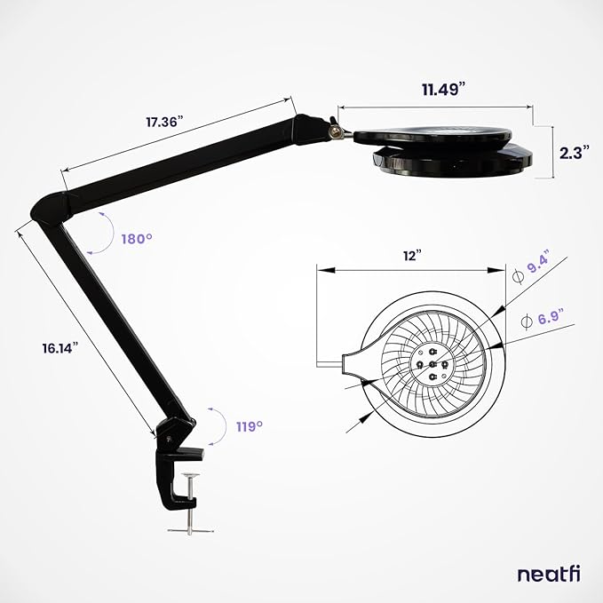 Neatfi LED Desk Lamp | 3,000 Lumens | 30W | 320 SMD LEDs | Dimmable | 3000K–6500K Color Temperature | Adjustable Desk Light for Home, Office, or Workbench (Black)