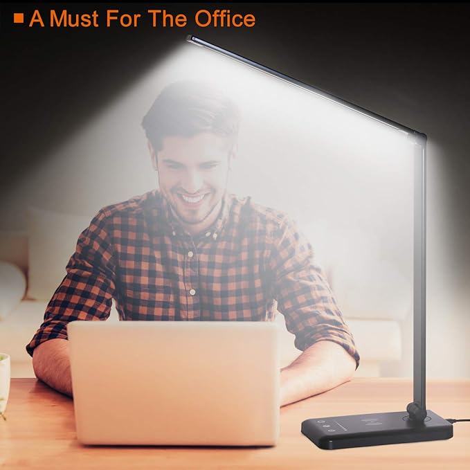 LED Desk Lamp with Wireless Charger,Eye-Caring Table Lamps,Stepless Dimmable Office Lamp with USB Charging Port,Touch/Memory/Timer Function,25 Brightness Lighting,Foldable Lamp