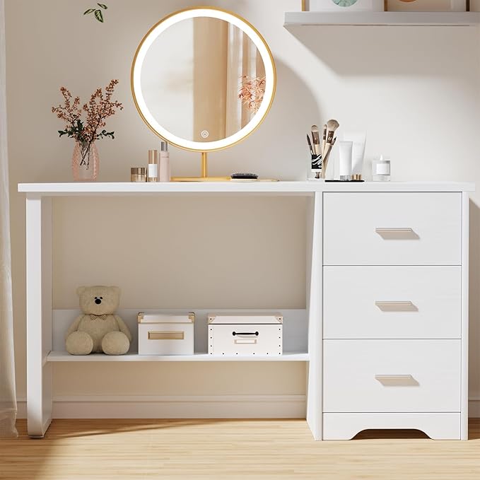 White Desk with Drawers, 47 Inch Computer Desk with 3 Drawers for Bedroom, Study Desk with Drawers for Small Spaces, Bottom Shelves