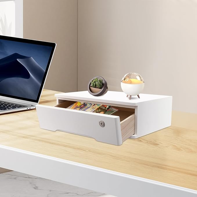 Wooden Desktop Storage Box with Lockable Drawers Office Supplies Drawer Organizer Receipt File Organizer Flat File Cabinet for Office Study Desk Front Desk (White, 1 Drawer)