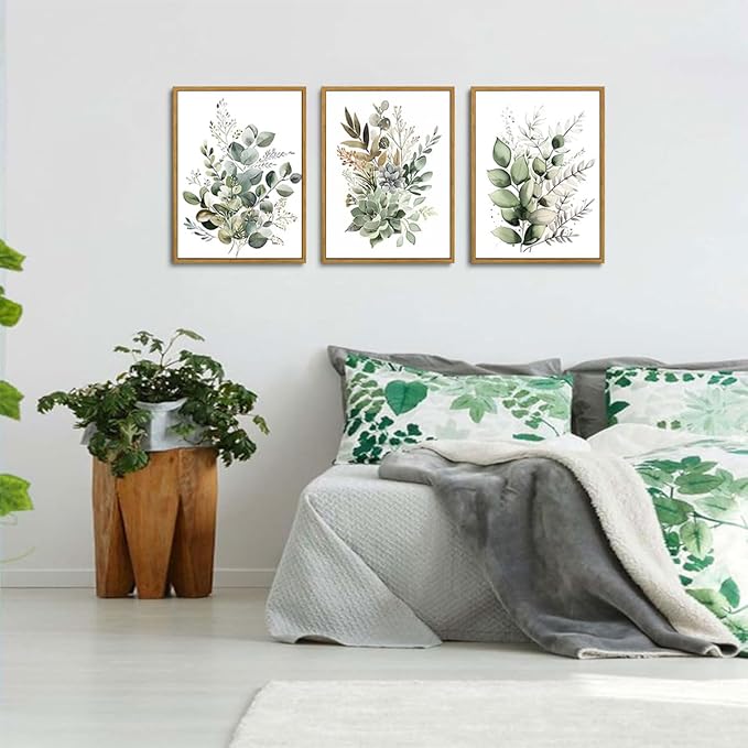 Bwodke Botanical Wall Art Plant Floral Watercolor Poster Canvas Prints Set of 3 Framed Sage Green Painting Eucalyptus Leaf Picture Modern Minimalist Home Decor Bedroom Bathroom Living Room 12"x16"