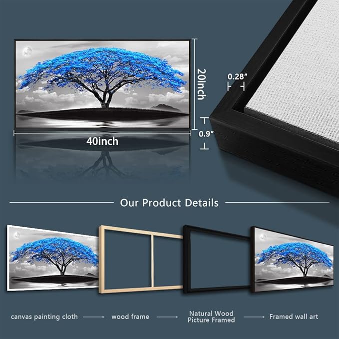 Framed Canvas Wall Art For Living Room Large Size Office Wall Decor Bedroom Decor Pictures Artwork Black And White Landscape Blue Tree Moon Wall Painting Home Decorations Black Frame 20" X 40"