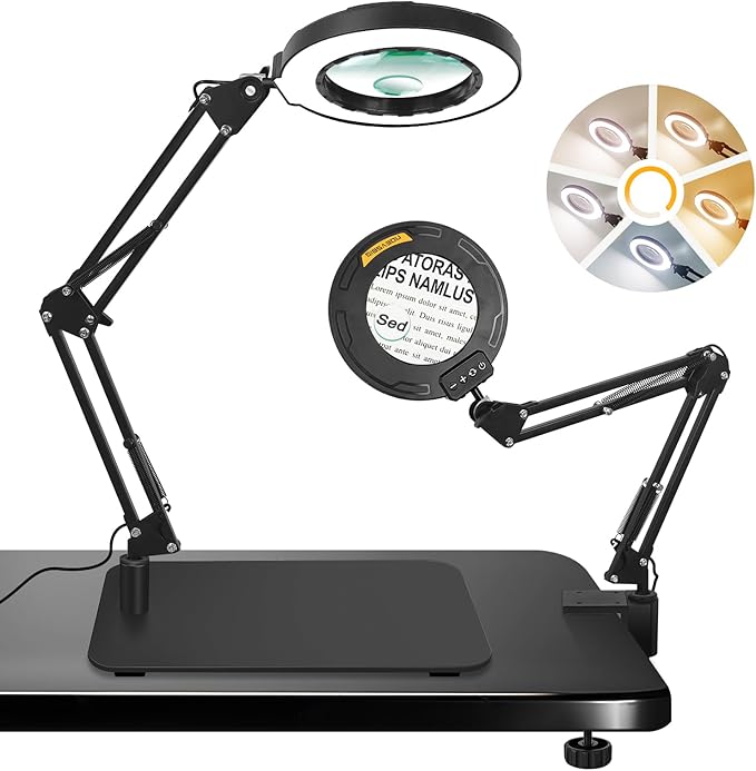 Magnifying Glass with Light and Stand 12X 20X Desktop Magnifier Desk Lamp Close Work Up for Table Crafting, Reading, Sewing, Soldering, Easy Use 5 Color Modes Head Controller, 2 in 1 Stable Base Clamp