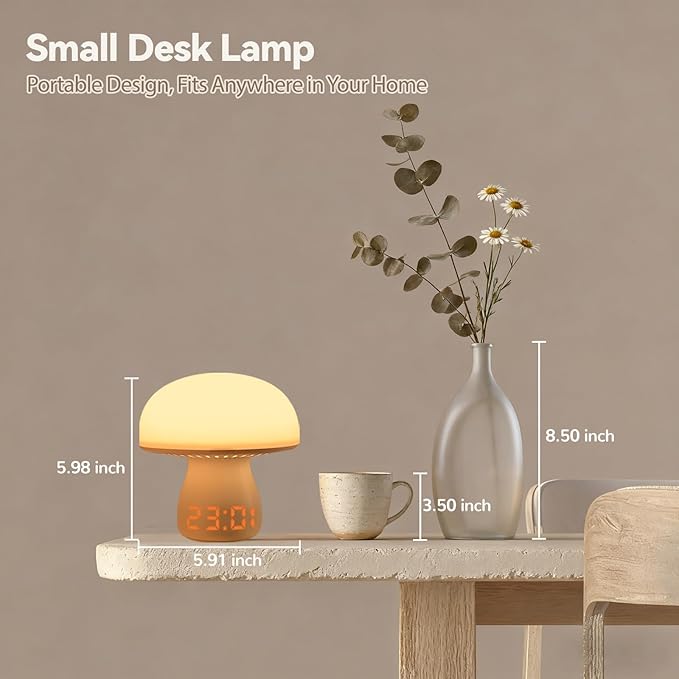 Mushroom Lamp with Clock, Cute Touch Bedside Table Lamps for Bedroom Living Room Decor, Small Portable Wireless Desk Lamp for Nightstand, Rechargeable Mushroom Night Light for Kids Adults (Model A)