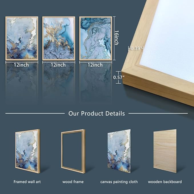 Natural Wood Framed Abstract Paintings Canvas Wall Art For Living Room Bedroom Decoration Office Wall Decor Blue Abstract Watercolor Pictures Home Decoration Posters Artwork 3 Piece Framed Art Prints