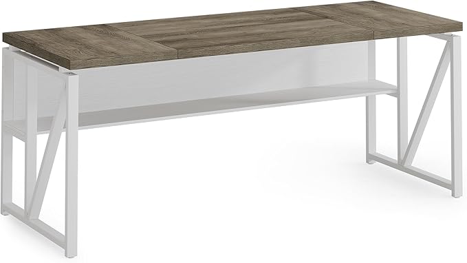 LITTLE TREE 63-Inch Executive Office Desk, Large Computer Desk with Storage Shelf, Executive Desk with Metal Frame, Thickened Desktop, Study Writing Desk Work Station for Home Office, Grey + White