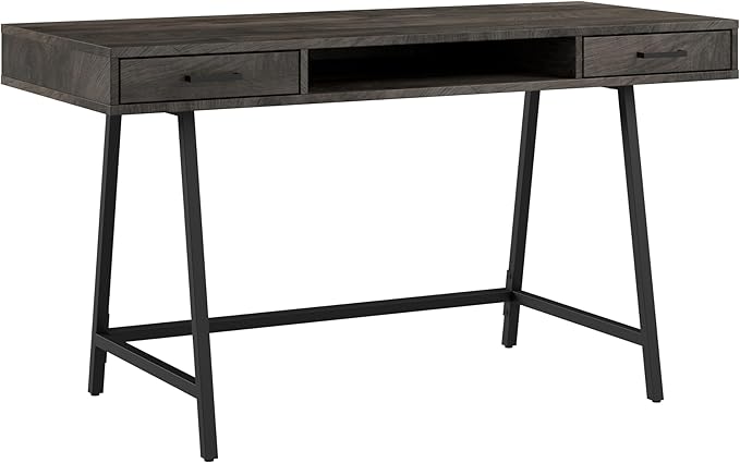 Bush Home Steele 54W Writing Desk with Storage in Dark Gray Hickory | Large Wooden Computer Table for Home Office Workspace