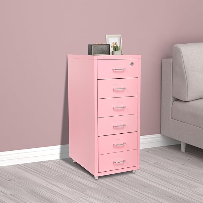 6 Drawer Vertical File Cabinet with Lock, Metal Movable Office Storage Cabinet, Under-Desk File Cabinet with Wheels, for Home Office Use (Pink)