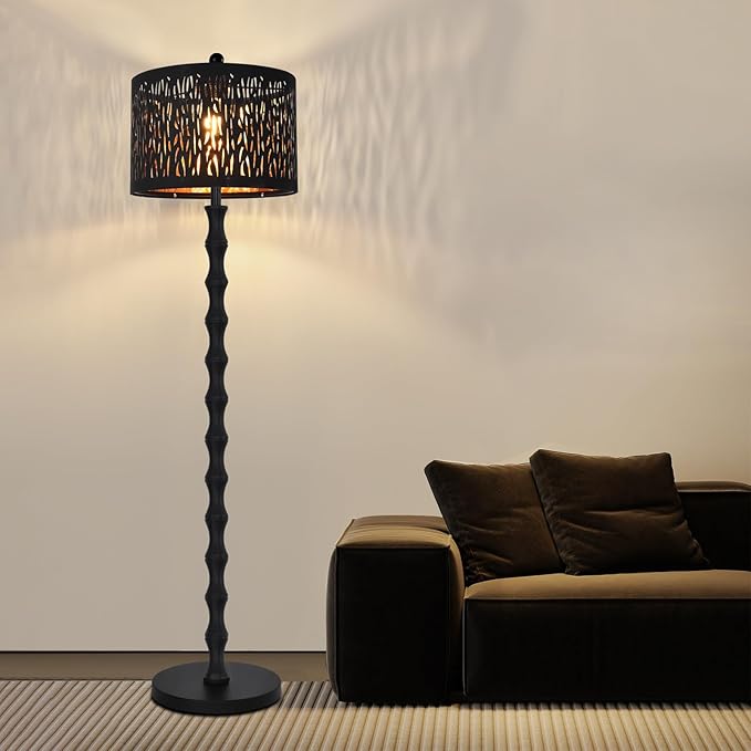 Black Floor Lamp for Living Room Bedroom,Farmhouse Rustic Tall Lamp,Vintage Modern Standing Lamp with Unique Drum Lampshade,Gothic Mid Century Iron Floor Lamp for Office Corner(Bulb Included)