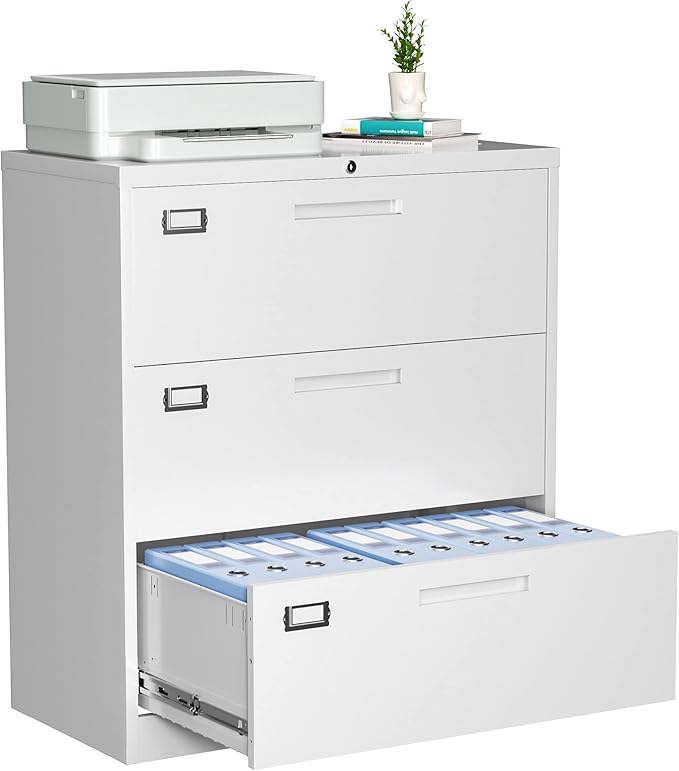 Metal 3 Drawer Lateral File Cabinet with Lock, Wide&Deep Filing Cabinet for Letter/Legal/F4/A4 Hanging Files, Includes Business Card Holder, Home Office School Storage