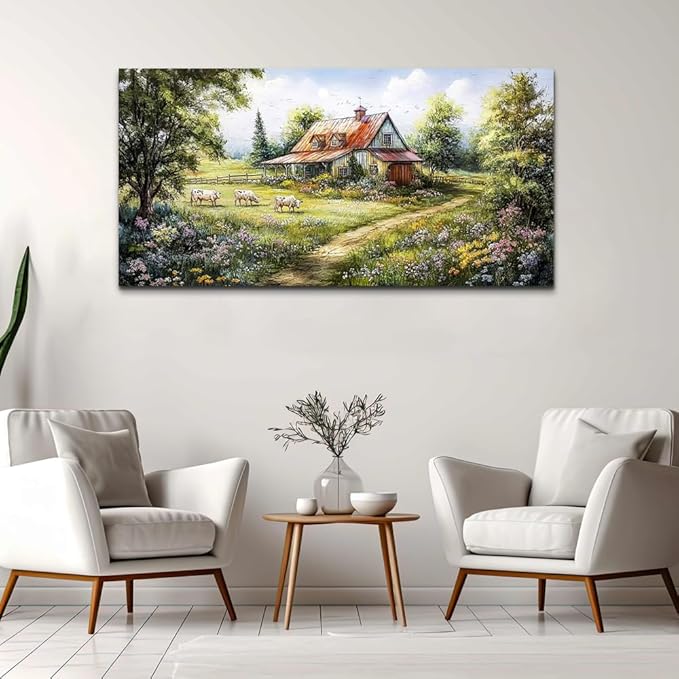 QIYILEXWART Canvas Wall Art For Living Room Large Wall Decor For Office Bedroom Decorations Grassland Pictures The Hut Paintings Modern Inspiration Artwork Room Ready To Hang