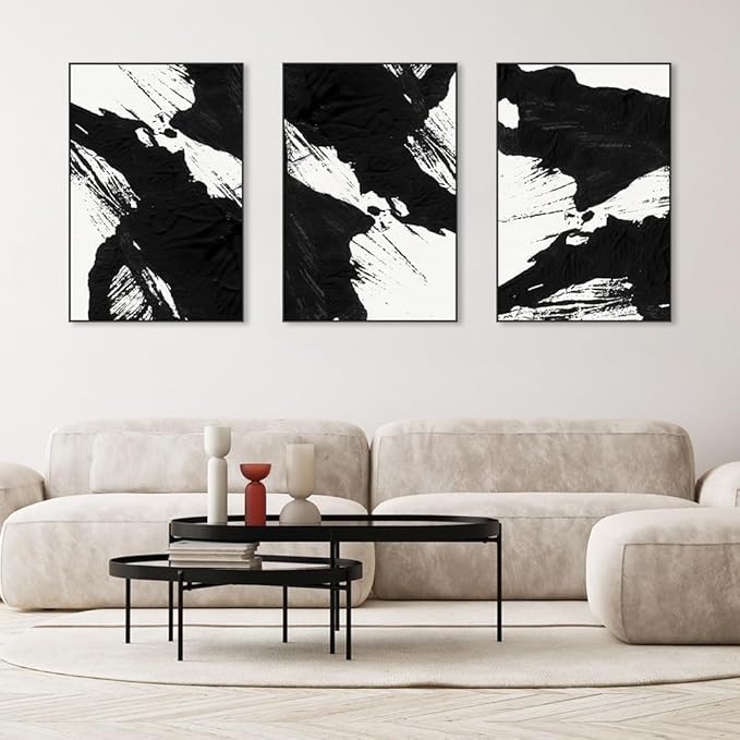 Wall Art Framed Canvas Posters Prints Black White Abstract Shapes Minimalist Illustrations Modern Art Boho Decor large size 24"x32"x3 Panels Art Decor for Living Room Bedroom Office Wall Decorations