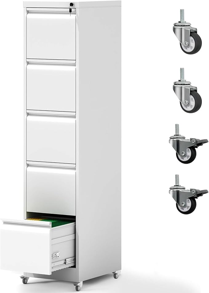 5 Drawer File Cabinet with Wheels, Metal Mobile Filing Cabinets with Lock, Vertical File Cabinet for Home Office, Rolling Storage Cabinet for A4/Letter/Legal Size File, Assembly Required, White