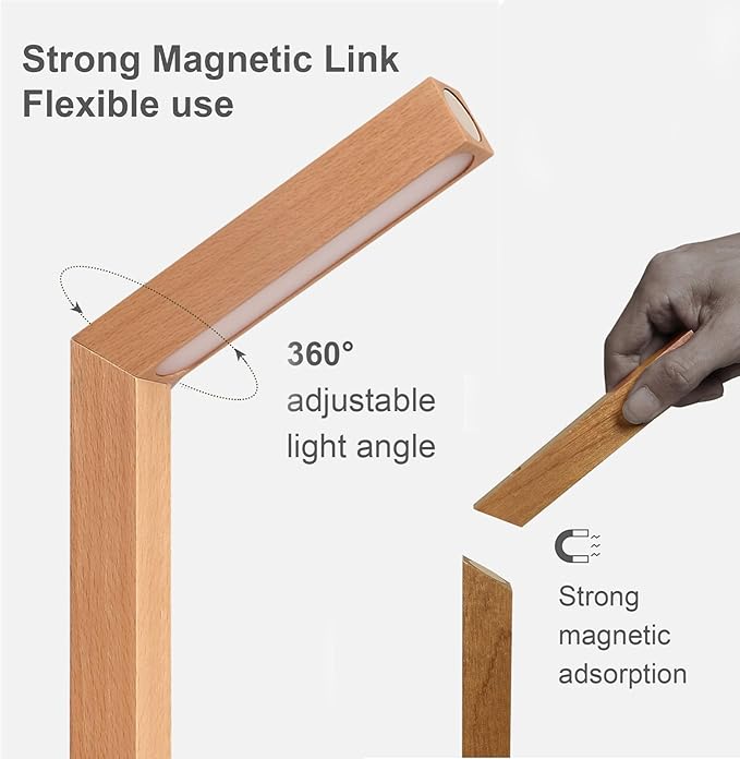 Wooden Desk Light ,Dimmable Desk Lamp for Home Office with USB Wireless Charging Port ,Touch Control RotatableDesk Adjustable Night Light(Beech Wood)