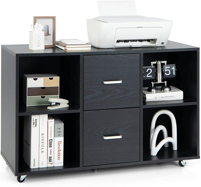 Giantex File Cabinet Office Organization - Filing Cabinet W/ 2 Drawers, 4 Open Compartments, Lateral Cabinet on 360° Swivel Lockable Wheels, Rolling Printer Scanner Stand for Home Office Storage
