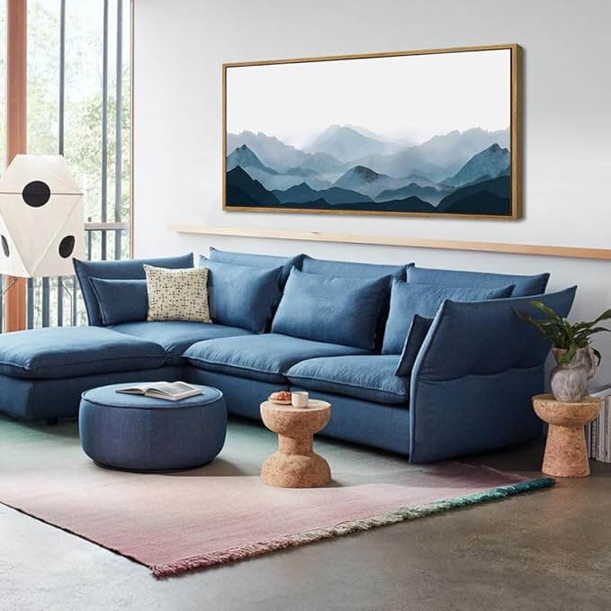 Blue Mountain Wall Art Fog Mountain Wall Decor Minimalist Mountain Artwork Blue Wall Art Decor 20x40 Inches Framed Mountains Art Minimalist Landscape Paintings Large Landscape Artwork for Bedroom Living Room Office Decor