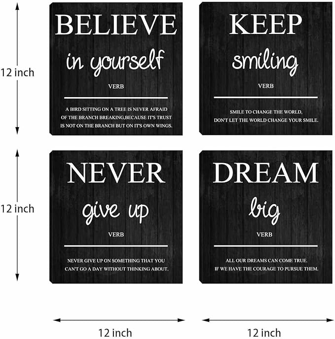 Halioyo Motivational Wall Decor, 4 Pieces Inspirational Wall Art Prints, Motivation Office Positive Quote Posters, Canvas Wall Decor for Home Living Room Classroom (12X12 Inches)