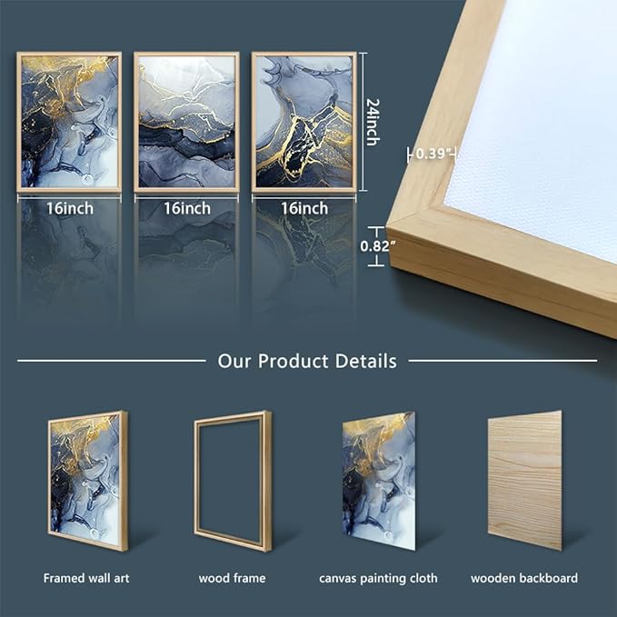 Framed Wall Art for Living Room Abstract Wall Decor for Bedroom Abstract Ink painting Wall Artworks Hang Pictures for Office Decoration 3 Panels Home Decor Posters Natural wood Framed Art Prints