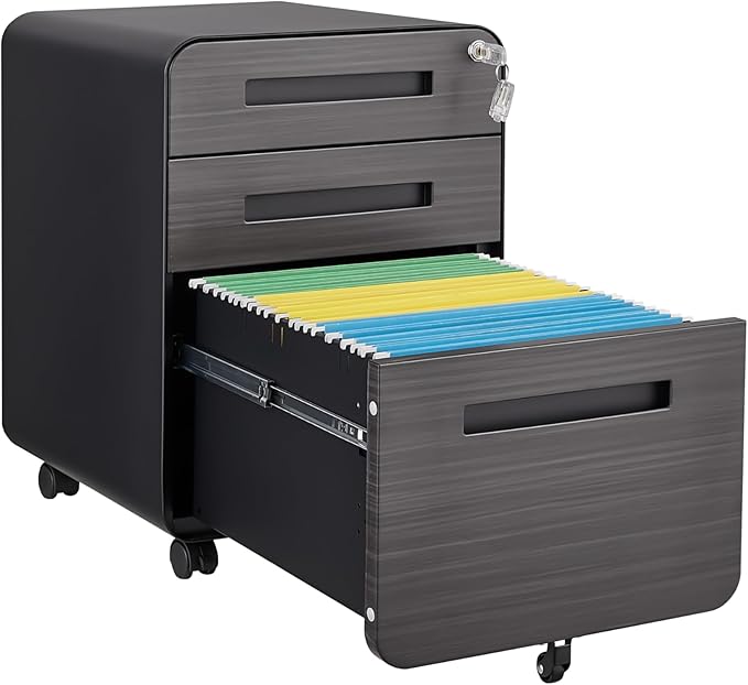 3 Drawer Mobile File Cabinet with Lock, Under Desk Storage Filing Cabinet for Home Office, Small Rolling File Cabinet for Legal, Letter and A4 Files (Black3)