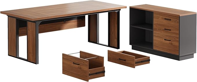 Tribesigns 63‘’ L-Shaped Executive Desk, Office Table with 39.37-Inch Drawers Cabinet, Large Computer Desk with Storage Shelves, Business Furniture Set for Home Office, Brown & Black