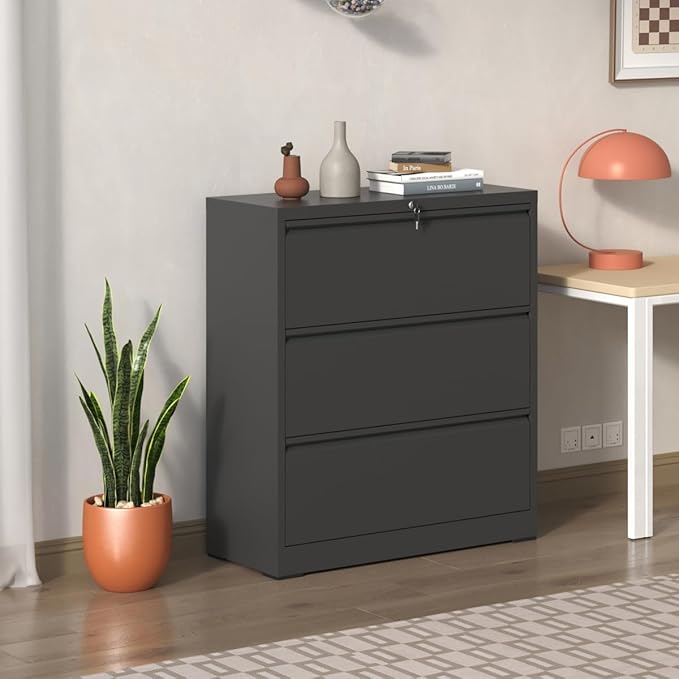 3 Drawer Lateral File Cabinet with Lock for Home Office Metal Filing Cabinet with Adjustable Hanging Bars Horizontal Filing Organization Storage Cabinet for Letter/Legal/A4/F4 Size Black