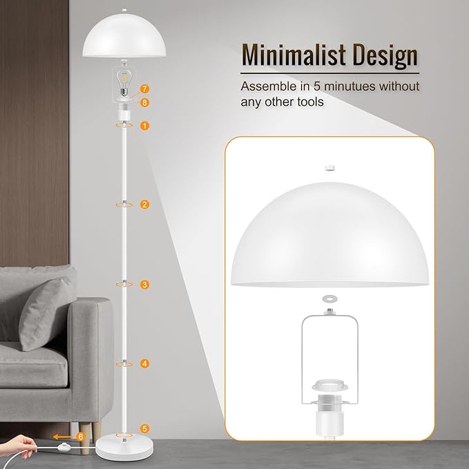 Modern Floor Lamps for Living Room, White Metal Mushroom Lamp, 66" Tall Corner Lamp, Footswitch, Bright Industrial Standing Lamps for Bedroom Nursery, Mid Century Modern Home Decor(E26 Base, NO BULB)