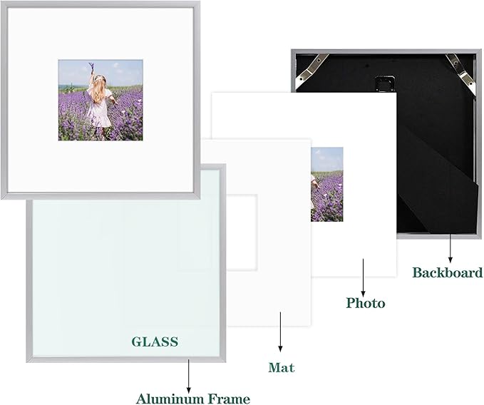 Golden State Art, Gallery Wall Frame Set of 6 - Silver 8x8 Aluminum Photo Frames with Mat for 4x4 Pictures - 8 x 8 inch Metal Frame with Real Glass Cover - Elegant Home or Office Decor