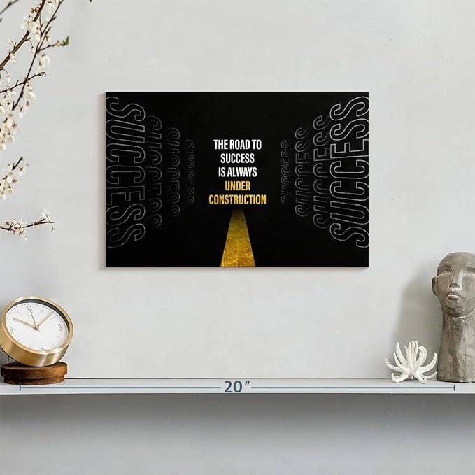 ElephantStock - Work On Your Road To Success Wall Art - Horizontal Canvas Wall Art - Home Office Wall Decor - Digital Art Inspirational And Typography Canvas Art - Black And White Decor - 12" x 8"