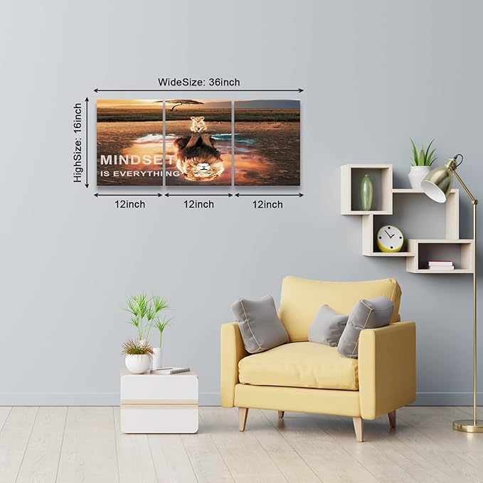Mindset is Everything Wall Art Lion Motivational Wall Decor for Office Pictures Posters Framed Canvas Wall Art Prints Painting Artwork Decor Ready to Hang in Living Room Bedroom Classroom