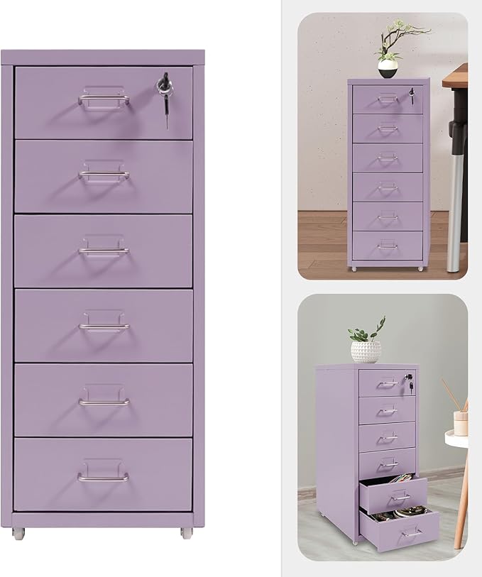 Vertical File Cabinets, 6 Tier Metal File Cabinet with Lock, Multi Drawer Cabinet for Home Office, Assembly Required (Purple)