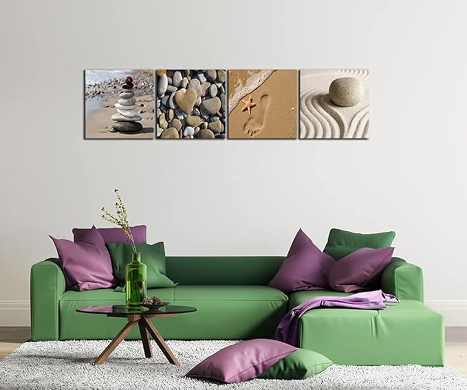 Wieco Art Canvas Prints Wall Art Romantic Beach Theme Zen Stone Pictures Paintings for Living Room Kitchen Home Decor Large Modern 4 Panels Stretched and Framed Seascape Sea Beach Artwork L