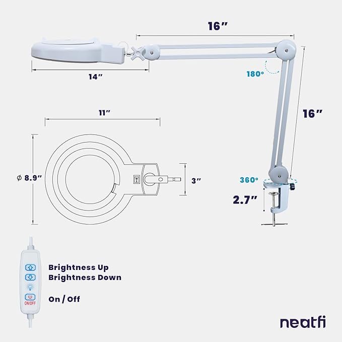 Neatfi LED Magnifying Lamp with Clamp | 12W | 60 SMD LEDs |1,200 Lumens | Adjustable Step Dimming | 2.25x Magnification Desk Lamp Magnifier for Crafts, Painting, and Hobbies (White, 5-Diopter)