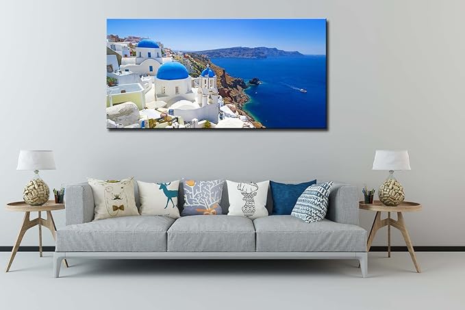 Large Canvas Print Wall Art Santorini in Greece Painting Wall Decor, Blue Coastal Landscape Artwork Seascape Pictures for Living Room, Bedroom, Office Decoration - 20"x40"
