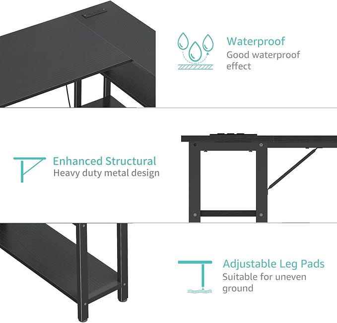 Lufeiya L Shaped Computer Desk with Power Outlet Shelves, 47 Inch Corner Desk for Home Office Bedroom, L-Shaped Study Writing Working PC Desks, Black