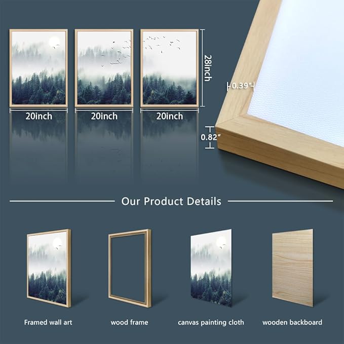 Framed Canvas Wall Art For Living Room-Wall Decorations For Bedroom Foggy Forest Trees Landscape Painting-Modern Home Decor Ready To Hang Wall Pictures Set of 3 Piece Natural Wood Framed Art Prints