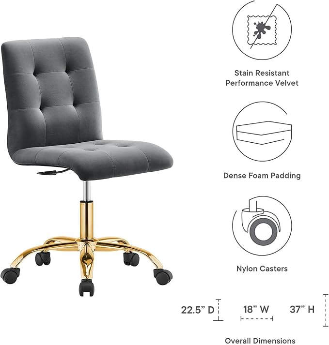 Modway Prim Armless Performance Velvet Office Chair in Gold Gray