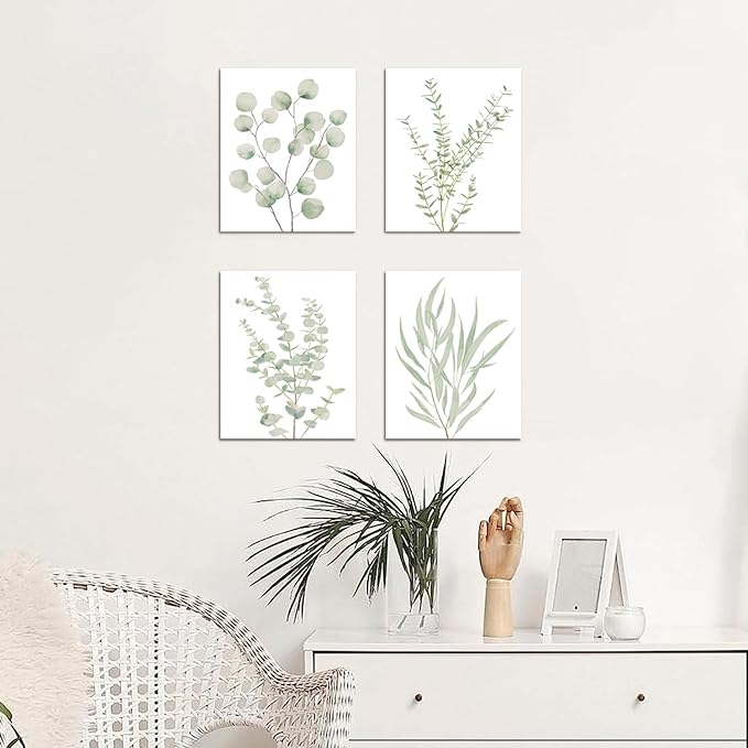 Erctoo Botanical Plant Canvas Wall Art, Framed Boho Wall Decor for Bathroom, Minimalist Aesthetic Bedroom Wall Art, Sage Green Eucalyptus Leaf Prints for Office, Set of 4PCS, 8”X10”