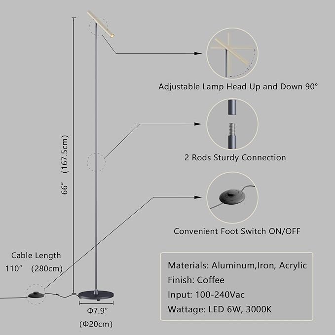 Floor Lamps for Living Room, 66" Modern Floor Lamp LED Standing lamp with Foot Switch 6W Warm Light Tall Lamp for Bedroom, Office, Study Room, Home, Lamp Head Adjustable (Black + Champagne)