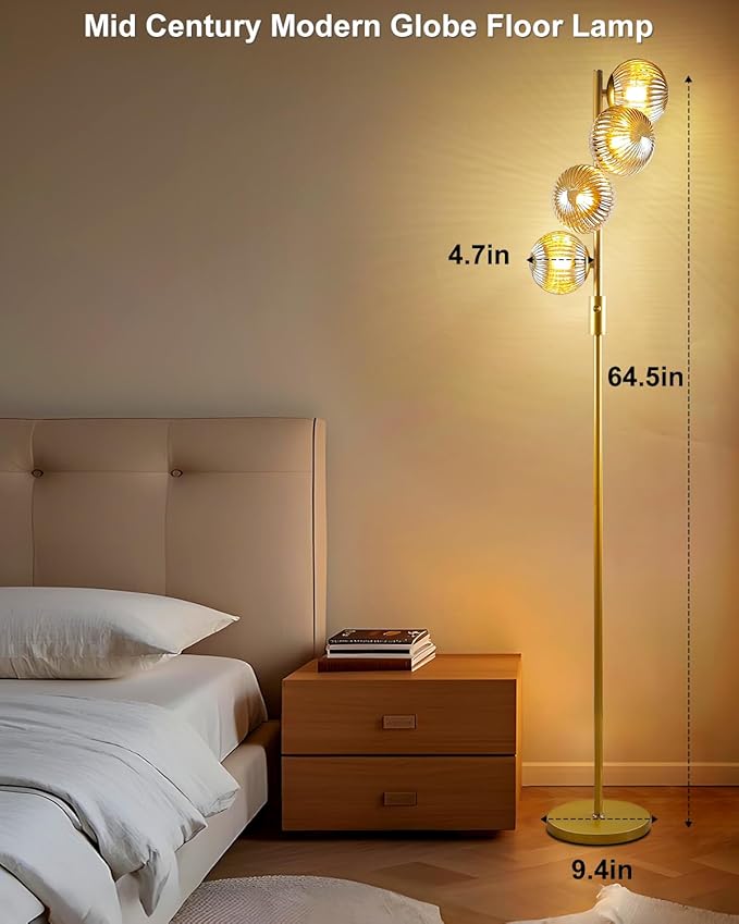 Lightdot 64IN Dimmable Floor Lamp with Glass Globe Shade, Modern Gold Standing Lamps with 4PCS Bulbs Included Soft Warm White Eye Care, Mid Century Floor Lamp for Living Room/Sofa Beside/Corner Decor