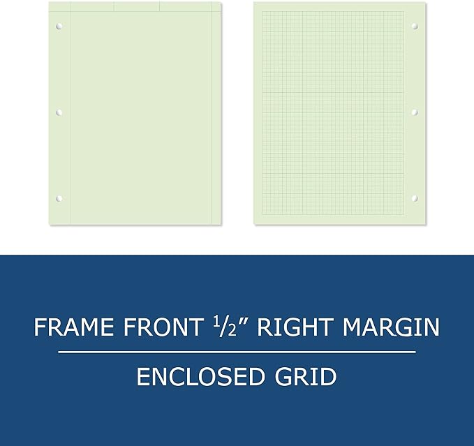 ROARING SPRING Engineering Pad, 8.5" x 11", 200 Sheets 15lb Green Paper, 5x5 Printed Back Enclosed Grid, Top Glued, 3-Hole Punched, Proudly Made in USA, Heavy Backing Board