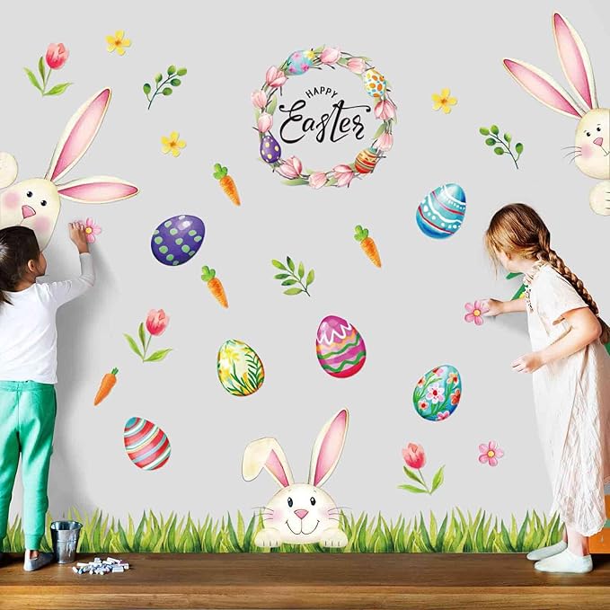 Vintage Easter Bulletin Board Set Happy Easter Classroom Decorations with Grass Border Trim Colorful Bunny Egg Cutouts for Spring Classroom Home Party Wall Decor