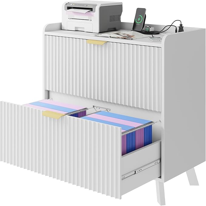 Lateral File Cabinet with Charging Station, Modern Fluted 2 Drawer File Cabinet for Letter/Legal/A4 Size Hanging Files, Large Wood File Storage Cabinets Printer Stand for Home Office, White