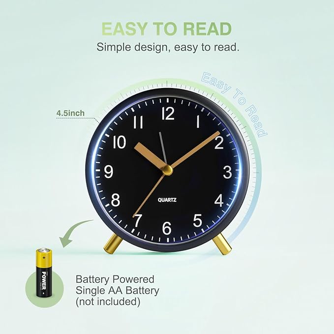 Analog Alarm Clock, Super Silent Non Ticking with Night Light, Battery Operated, Bedroom Clock,Fashionable Round Metal Alarm Clock for Office, Elderly, Adults, Children, School Gift