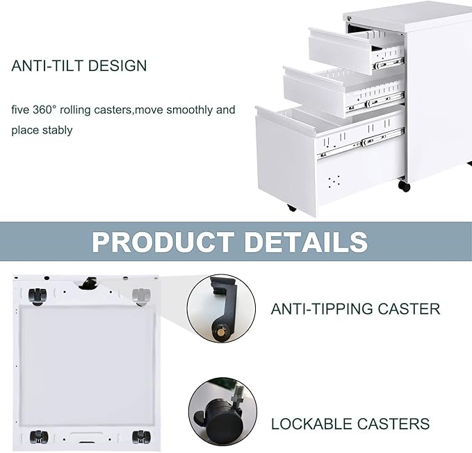 Yiguo 3-Drawer Mobile File Cabinet with Lock, Rolling Office File Cabinet Under Desk, Metal Filing Cabinet with Wheels for Legal Letter File (White)
