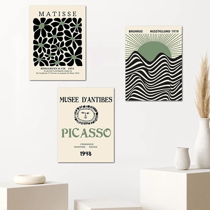 FAEKSUR Sage Green Matisse Wall Art Set of 3, Abstract Art Prints, Framed Geometric Line Sun Rising Green Canvas Artwork, Bedroom, Office