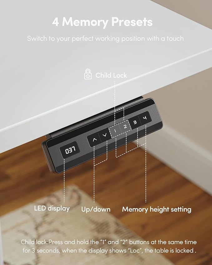 CubiCubi 40 x 24 Small One-Piece Standing Desk, Adjustable Height Electric Computer Sit Stand up Home Office Workstation, with 4 Memory Presets, Headphone Hook, White