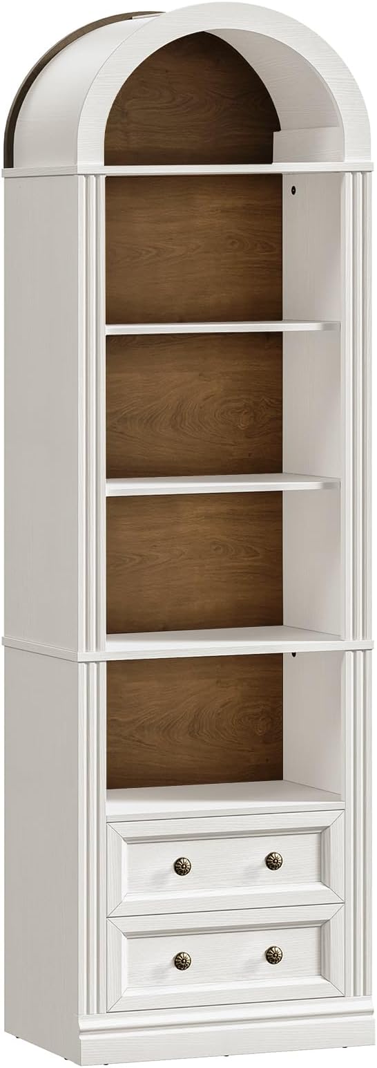 Tall Narrow Bookshelf Set of 2, Arched Bookshelf with 2 Drawers, 7-Tier Farmhouse Arch Bookcase, Wooden Book Shelf with Open Display Shelves for Office, Living Room, Walnut and White