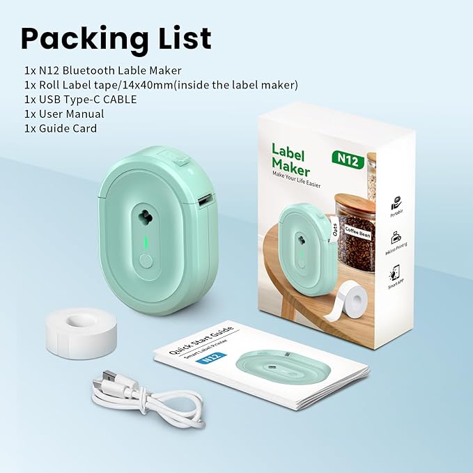Mini Label Maker Machine with Tape, N12 Portable Bluetooth Label Printer, Thermal Sticker Labeler for Small Business, School, Home, Office(Green)