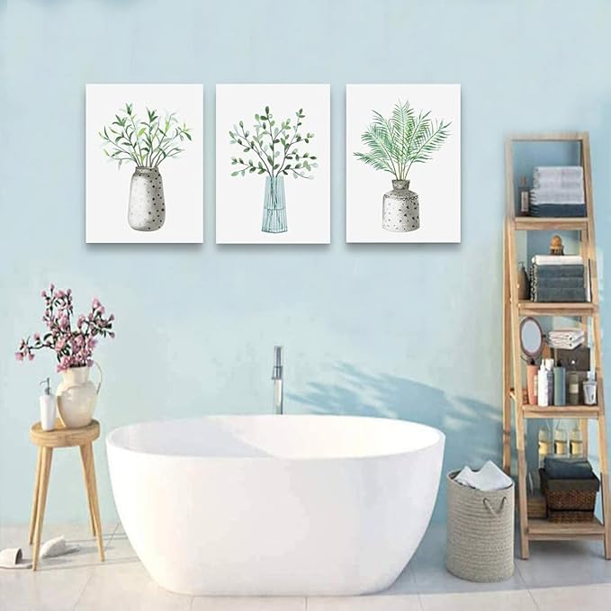 DZRWUBHS Canvas Wall Art For Dining Room Kitchen Wall Decor For Bedroom Office Decor Paintings Family Living Room Wall Decoration Green Leaf Vase Wall Pictures Artwork Room Home Walls Decor 3 Piece